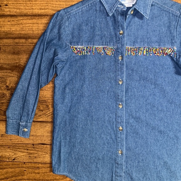 Central Falls • USA • Denim • Girl (Medium) • Blue • Beaded Fringe • Blouse •New - Picture 8 of 13